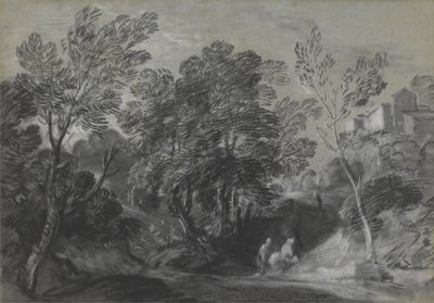 図と丘の上の家のある緑豊かな風景 作： Thomas Gainsborough